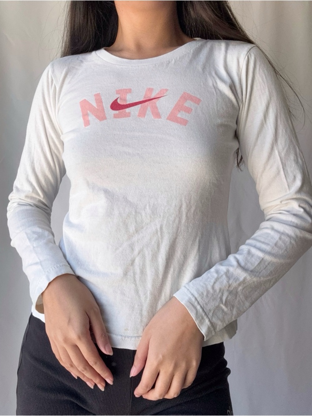 Nike White Long-Sleeve Tee with Pink Swoosh